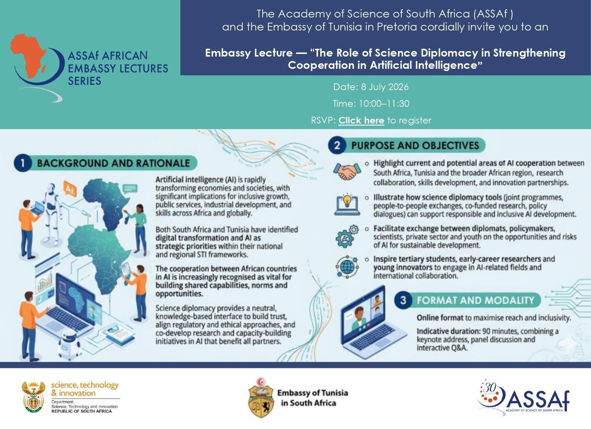 ASSAf_Official's tweet photo. South Africa-Tunisia Embassy Lecture: The role of Science Diplomacy in strengthening cooperation in Artificial Intelligence 

RSVP: https://t.co/brFlYWGlFM https://t.co/zpOhEZx8pM