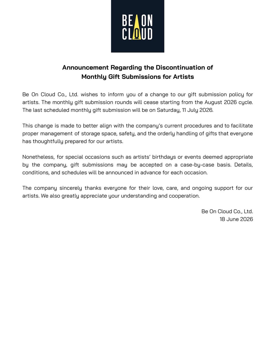 beoncloud_th's tweet photo. ประกาศเรื่องการยกเลิกรับของขวัญนักแสดงประจำเดือน
Announcement Regarding the Discontinuation of 
Monthly Gift Submissions for Artists

#BeOnCloud https://t.co/PUtYUAWdW6