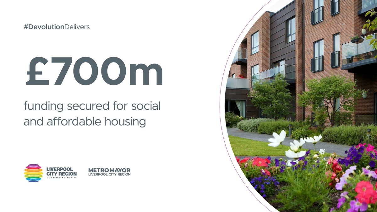 LpoolCityRegion's tweet photo. #LCRAnnualReview | Hot on the heels of the city region’s largest ever investment in public transport, a further £700m was secured to build new social and affordable housing as part of a major Government programme. 

This record investment was followed up by development of a pipeline to build 64,000 homes in the city region. 

Mayor Steve Rotheram said: “Since I was elected, we’ve built more than 32,000 homes, invested a further £60m developing brownfield sites, and retrofitted 10,000 houses. We’ve built up real momentum – but now we’re ready to turbocharge our housebuilding plans. 

“We’ve got the vision, the skills, and an abundance of ambition to help the government hit its national targets – but, most importantly, this is about helping more local people and families into safe, secure, and affordable homes of their own. Homes where people can put down roots, build their futures, and get on the housing ladder. 

“We’re ambitious, we’re excited, and we’re ready to get to work.” 

To find out more👇 
https://t.co/DET9VaA9Wp 

#DevolutionDelivers
