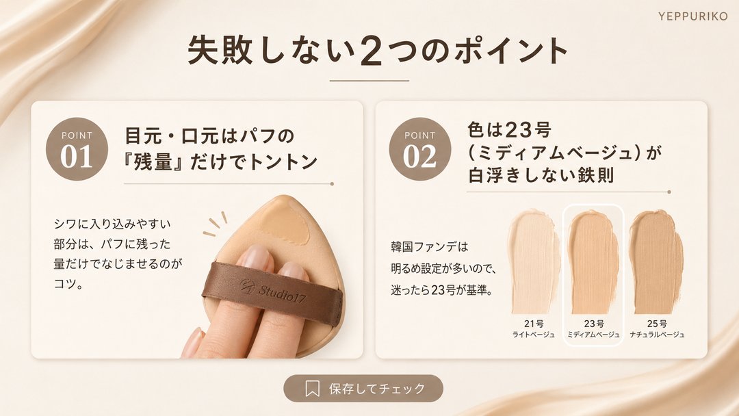 yeppuriko's tweet photo. 50代のシミ・くすみ、隠そうとするほど老けて見える理由、知ってますか？

2026年のトレンドとして、韓国ファンデは「粉で塗りつぶす」時代が終わりつつあります。

🧴 多くの韓国ファンデに美容液成分が70%以上配合されるケースが増えています
コラーゲン・ペプチド配合で、メイクしながら乾燥ケア。夕方の「お疲れ顔」になりにくいのが特徴。

💡 カバー力の正解は「厚塗り」ではなく「光で飛ばす」
微細な光反射オイルで、薄づきなのにシミ・くすみを自然にカモフラージュ。シワにファンデが入り込む失敗も防げます。

🇰🇷 失敗しない2つのポイント
・目元・口元はパフの「残量」だけでトントン（シワ落ち防止）
・色は23号（ミディアムベージュ）が白浮きしない鉄則

韓国ビューティーの最新情報、これからもシェアしていきます。よかったらフォローして一緒にアップデートしていきましょう🌸