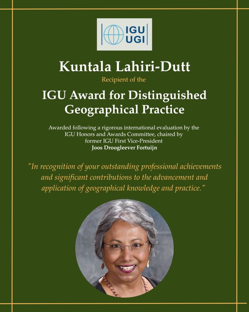 INSEE_22's tweet photo. #CelebrationofRecognitionCongratulations to our former editor Kuntala Lahiri-Dutt, Emeritus Professor at The Australian National University on receiving the Distinguished Geographical Practice from the INTERNATIONAL GEOGRAPHICAL UNION (IGU).
@kuntala2
@IGU_Geography https://t.co/dhXydDpOcp