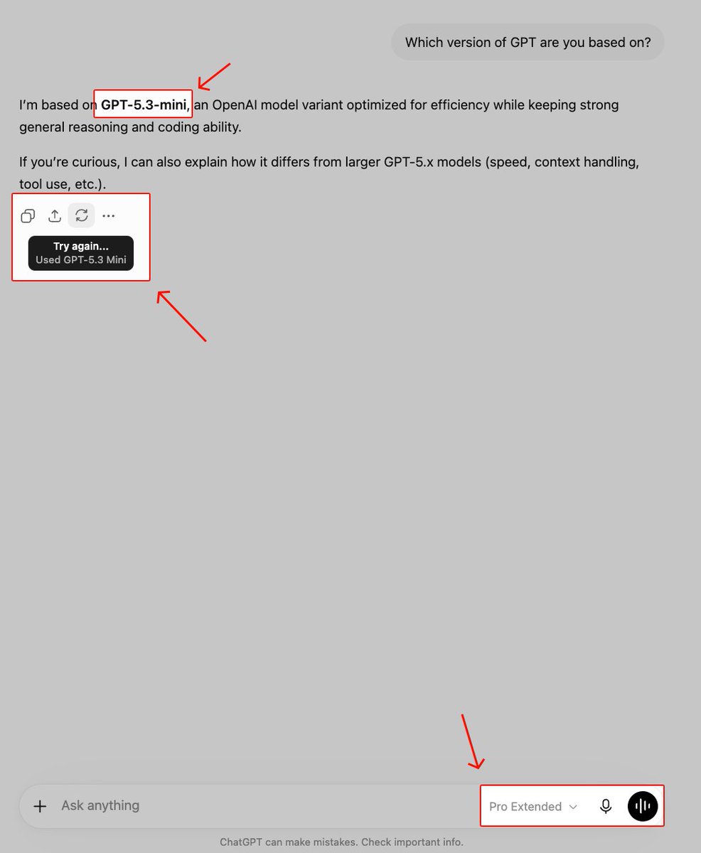 jinmiaoluo's tweet photo. I’m a ChatGPT Pro user. 

On the ChatGPT web app, Pro Extended mode appears to silently reroute me to GPT-5.3 mini instead of the expected Pro model. 

There’s no visible notice. 

Could the OpenAI team clarify whether this is expected behavior or a bug?

@OpenAI @thsottiaux https://t.co/LKG5c3xpTa