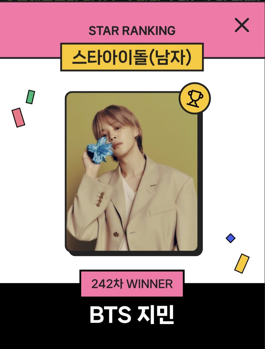 itJIMINvote's tweet photo. 🏆스타랭킹 242주 연속1위🏆

스타랭킹 남자 아이돌 부문에서 242주 연속 1위라는 위업을 달성했습니다🎉

Congratulations JIMIN💛
지민팀 수고하셨습니다🫶

JIMIN JIMIN 
#JIMIN #지민
#ジミン #ParkJimin https://t.co/j6Vl5Xufyg