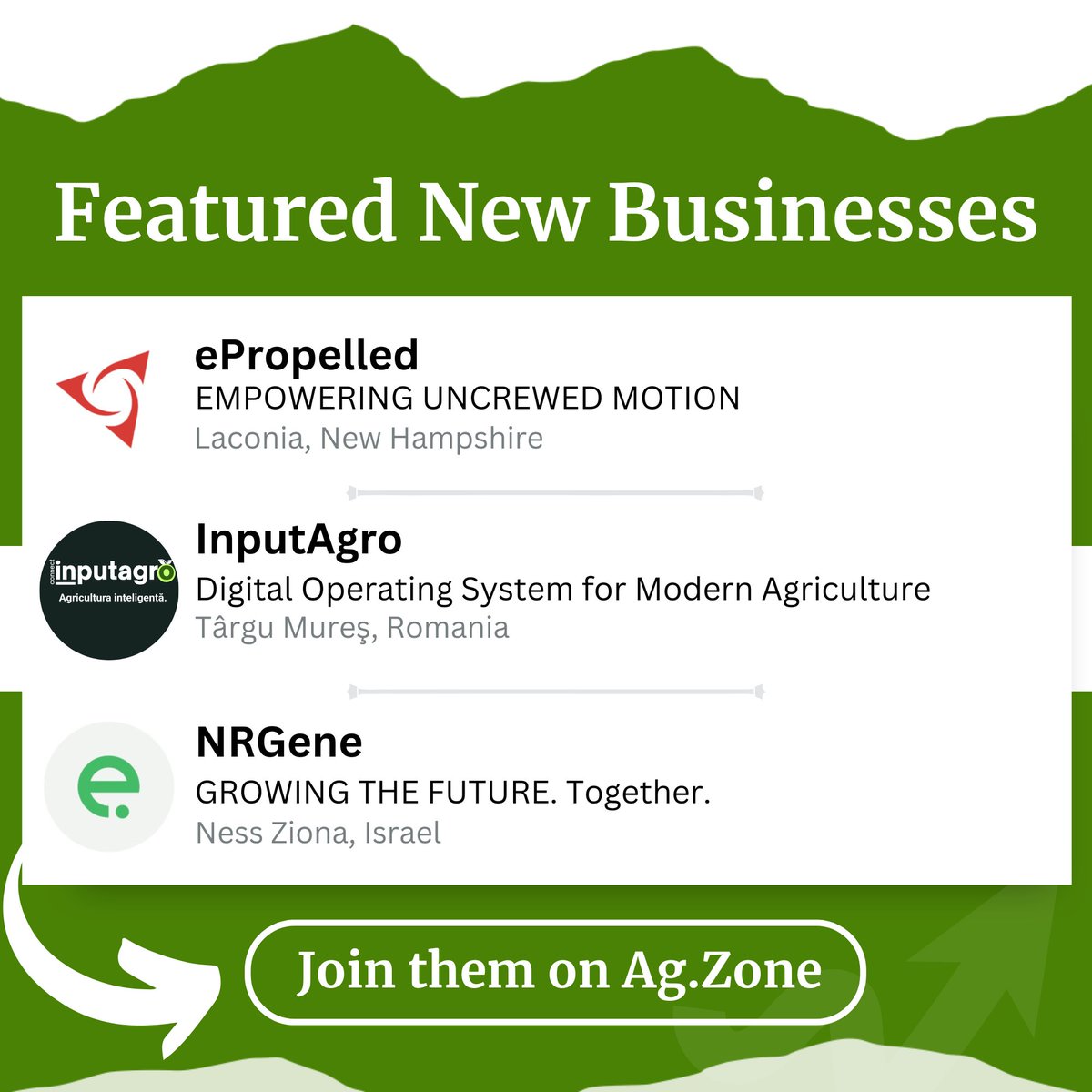 agzoneapp's tweet photo. This week's Featured Businesses include @e_propelled InputAgro @NRGene 

Follow them on https://t.co/skis7v3Xk3 and get the latest updates on market trends, product insights, growth hacks, &amp; much more!🌟

Join them now at https://t.co/IP7lExnRXV https://t.co/8IeIYOWlxK