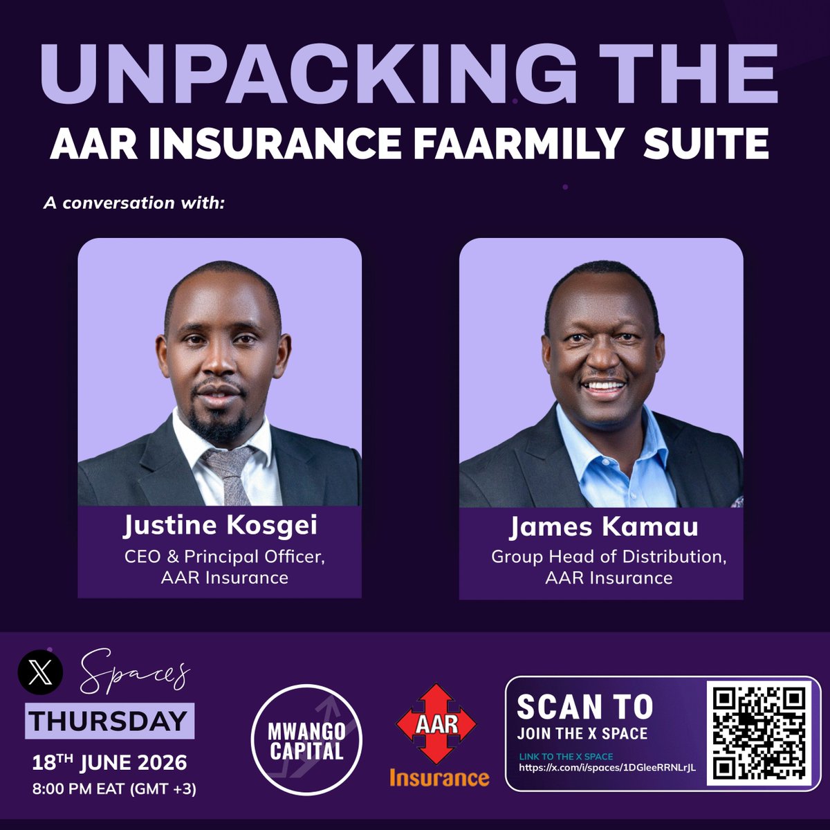 MwangoCapital's tweet photo. 🎙️ Don't forget to join us tonight at 8:00 PM EAT on #MwangoSpaces as we unpack the AAR Insurance FAARMILY Suite.

We'll be joined by Justine Kosgei, CEO & Principal Officer, and James Kamau, Group Head of Distribution at AAR Insurance, for a conversation on health insurance, coverage options, and what the FAARMILY Suite offers Kenyan families

Set a reminder and join the conversation here: https://t.co/zSp7byXP9o