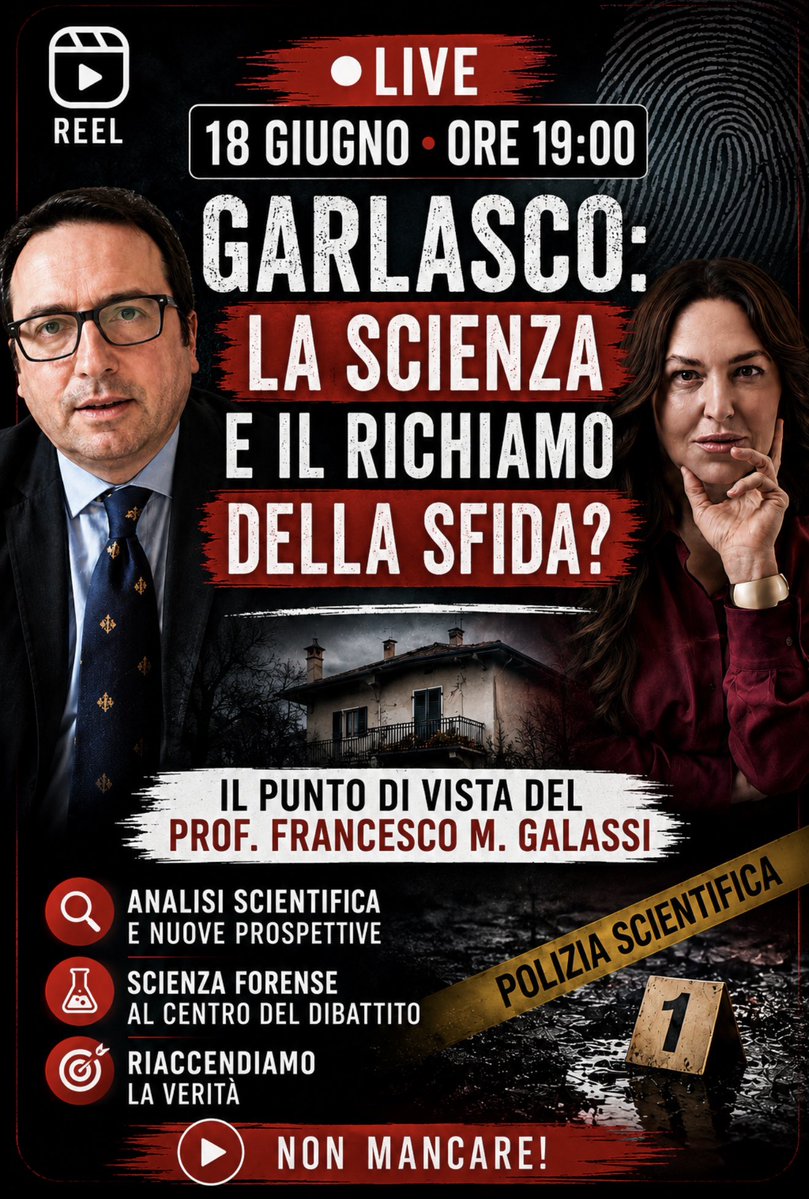 BarbaraFabbroni's tweet photo. 🔴 LIVE – Caso Garlasco: la scienza e il richiamo della sfida?
.
A quasi vent’anni dall’omicidio di Chiara Poggi, il caso Garlasco continua a interrogare investigatori, esperti e opinione pubblica.
Quanto possono incidere oggi le nuove tecnologie forensi nella rilettura di un’indagine così complessa?
Quali prospettive si aprono grazie alla scienza?
E quali interrogativi restano ancora senza risposta?
Ne parleremo insieme al Prof. Francesco M. Galassi, approfondendo il ruolo della medicina legale, dell’analisi scientifica e delle nuove evidenze nel dibattito che continua ad animare uno dei casi più discussi della cronaca italiana.
.
📅 18 giugno
⏰ Ore 19:00
.
Vai al link: https://t.co/dc9WeCSPDu
.
🎯 Analisi scientifica e nuove prospettive
🔬 Scienza forense al centro del dibattito
⚖️ Verità processuale e ricerca della verità fattuale
.
Vi aspettiamo per un confronto rigoroso, aperto e documentato.
.
💬 Qual è, secondo voi, il punto che merita oggi maggiore approfondimento nel caso Garlasco?
.
#barbarafabbroniofficial #Crimecaffe #delittodigarlasco #albertostasi #andreasempio