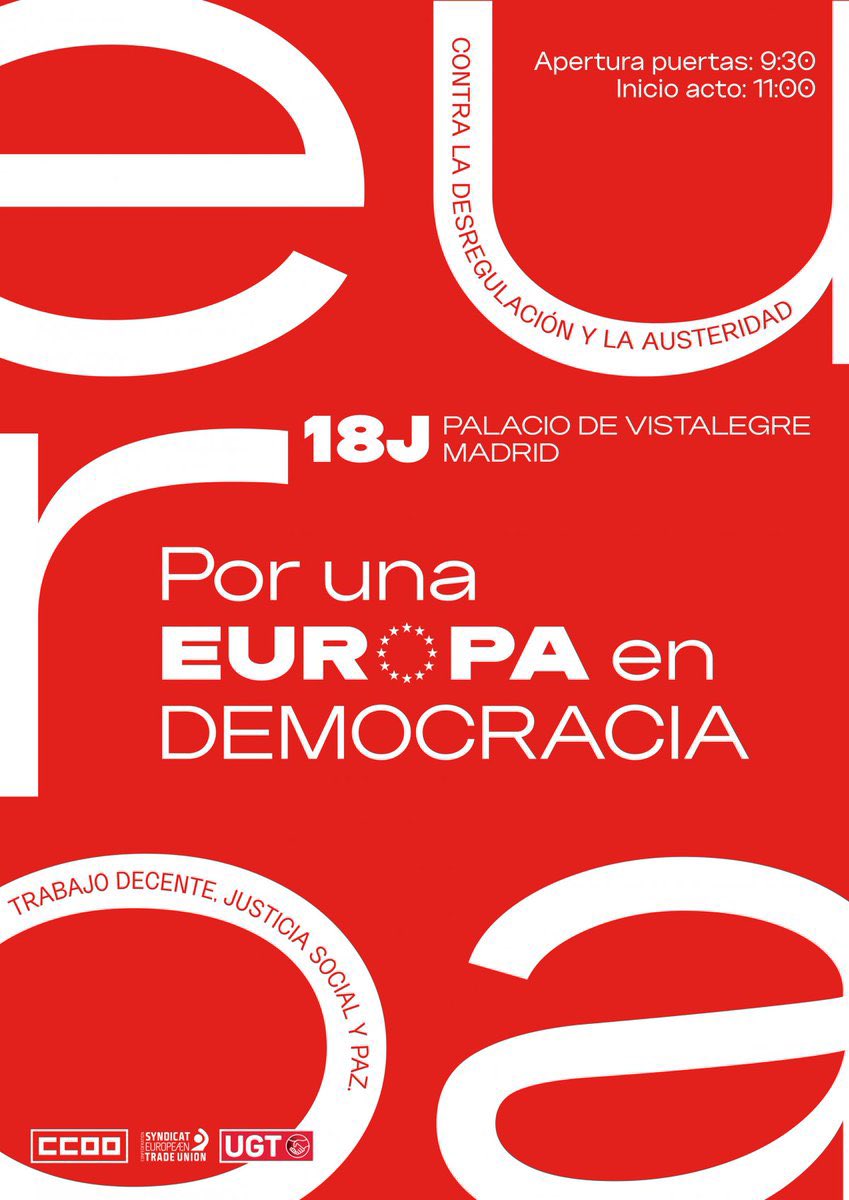 Industria_CCOO's tweet photo. 🇪🇺 Hoy estaremos en el encuentro con líderes sindicales europeos junto a @CCOO y representantes del sindicalismo de todo el continente.

Ante el avance de la extrema derecha, defendemos una Europa de democracia, derechos, servicios públicos, salarios dignos, vivienda y negociación colectiva.

✊ La voz de la clase trabajadora debe estar en el centro del futuro de Europa.

#PorUnaEuropaEnDemocracia #TuVozEnEuropa #Democracynow