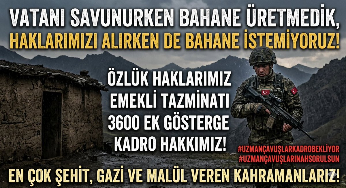 omrdnz490's tweet photo. "Deprem oldu bekleyin, savaş var bekleyin..." diyerek yıllardır bizi oyalıyorsunuz!

​Emeklilere verilecek tazminatlar için "Biz onayladık, Maliye Bakanı imzalamıyor" deniliyor; Maliye Bakanlığı ise "Cumhurbaşkanından haber bekliyoruz" diyerek topu birbirine atıyor. Bu bürokratik engellerle yıllardır vatan evlatlarını mağdur ediyorsunuz!
​Bu ülkenin yetkililerine soruyoruz: Bu kahraman #UzmanÇavuşlar’a neden biri çıkıp sahip çıkmıyor? Bizleri neden görmezden geliyorsunuz?

​Bizler Türk Silahlı Kuvvetleri'nin göz bebeği, vatan savunmasında en ön safta duran, en çok şehit, gazi ve malul veren kahramanları değil miyiz? Özlük haklarımızı, emekliye tazminatı, 3600 ek göstergeyi ve hakkımız olan kadroyu vermemek için daha ne kadar bahanelerin arkasına sığınacaksınız?

​Vatanı savunurken bahane üretmedik, haklarımızı alırken de bahane istemiyoruz!

​#KerpiçEvlerinYiğitleri #EmekliUzmanÇavuş #UzmanÇavuşlar
​@RTErdogan @dbdevletbahceli @eczozgurozel @MDervisogluTR @TEMUD_2024 @alitilkici38