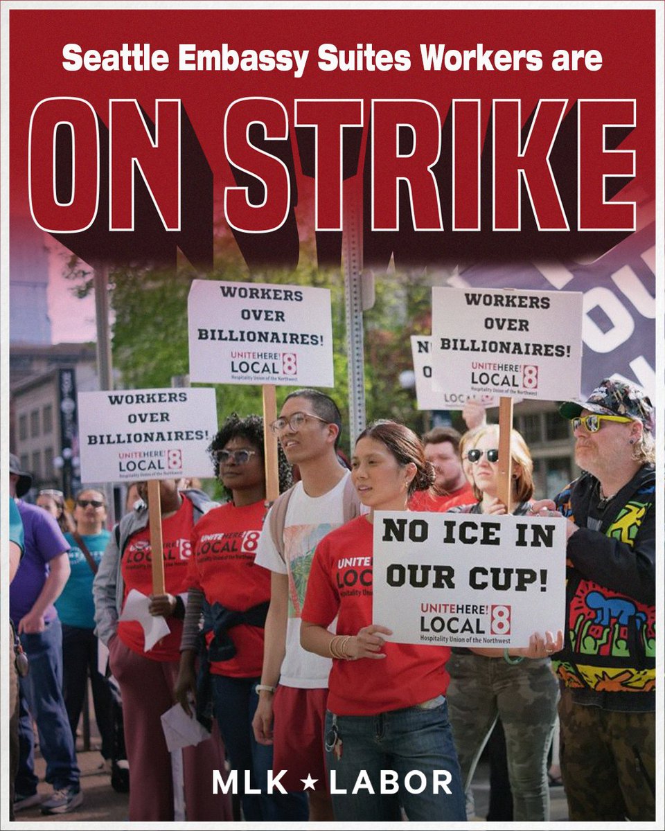 MLKLabor's tweet photo. 🚨 SEATTLE EMBASSY SUITES WORKERS ARE OFFICIALLY ON STRIKE! 🚨

These brave workers officially went on strike starting at 6:30 this morning. Come down and show them support on the picket line at 255 South King Street, Seattle, WA 98104 until 9 pm today. https://t.co/bdduCFaoqu