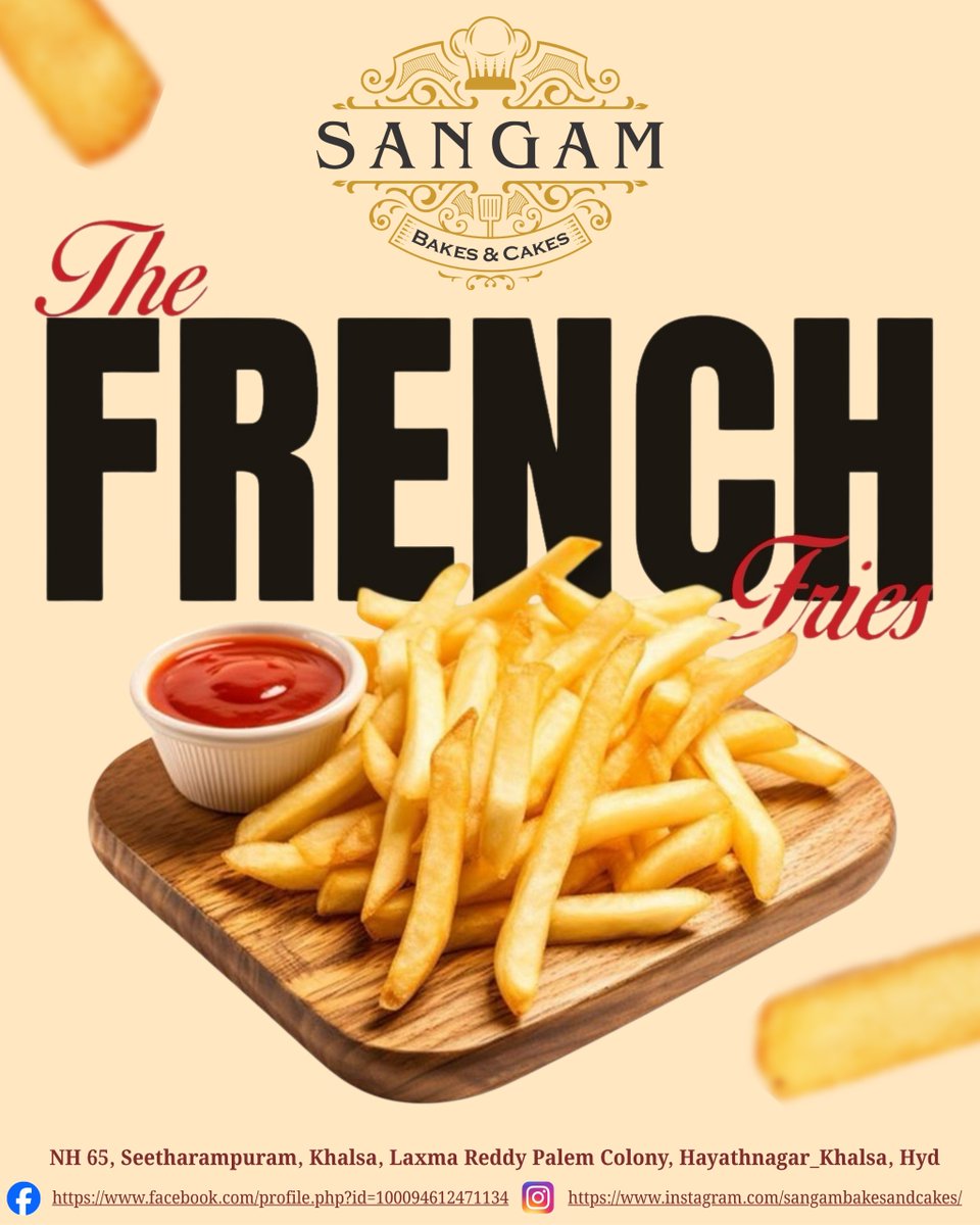 sangambakescake's tweet photo. 🍟✨ Golden, Crispy & Delicious! ✨🍟
Satisfy your cravings with our freshly prepared **French Fries at Sangam Bakes & Cakes.
#SangamBakesAndCakes #FrenchFries #CrispyFries #SnackTime #FoodieHyderabad #FreshAndTasty #EveningSnacks #QuickBites #FriesLover #YummyFood 🍟😋✨❤️ https://t.co/po1czao9aq