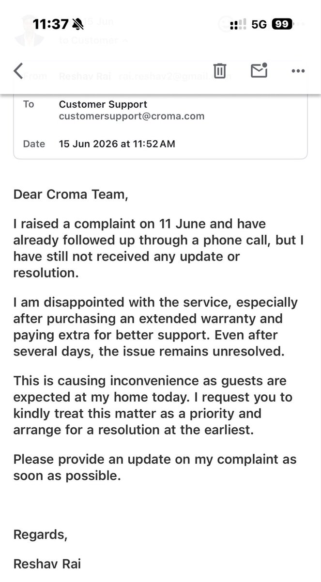Reshav_17's tweet photo. Extremely disappointed with Croma’s after-sales service. It’s been more than a week since I raised my complaint, yet there has been no resolution. No response to emails, no meaningful help on calls, and no updates whatsoever. @cromaretail #poorservice https://t.co/Z4jd5NaMJC