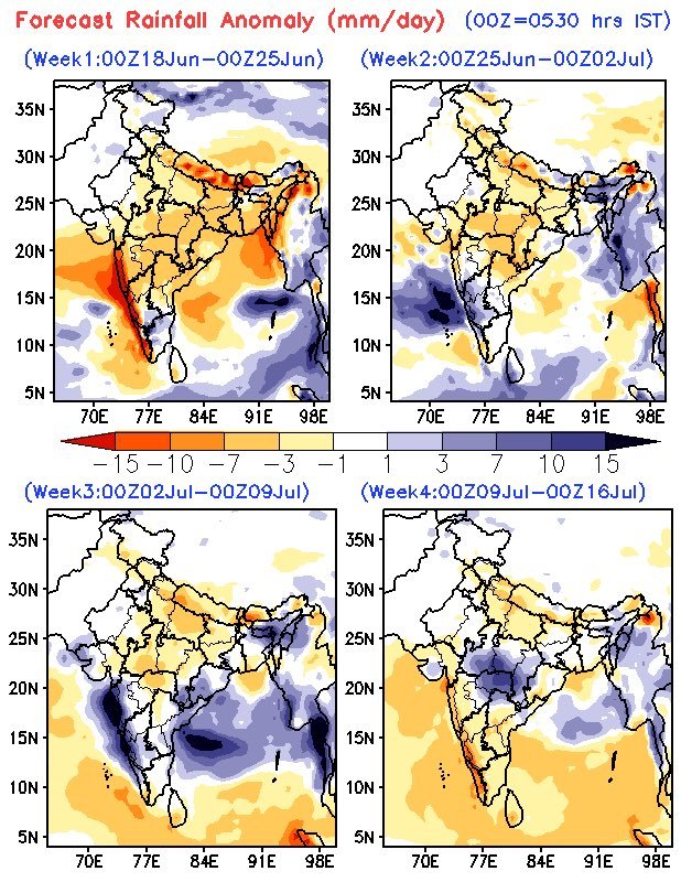 weatherindiaoff's tweet photo. As per IMD, late June is looking dry across India, but a massive monsoon comeback is on the way for July! 🔄⛈️.

​The latest forecast shows widespread rainfall deficits over the next two weeks, followed by a major surge of heavy, above-normal rain starting July 2nd. https://t.co/XUhWfrVw1v