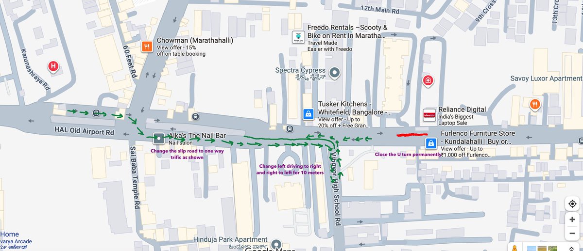 balainonline's tweet photo. 2. Also allow U turns both sides well ahead of the junction if the table top is expanded both side by about 10-15 meters. 
3. For Vibgyor U turn, bring the traffic on kundalahalli table top by reversing the left to right and right to left traffic movement on Vibgyor road. https://t.co/TXFSojJ7mw