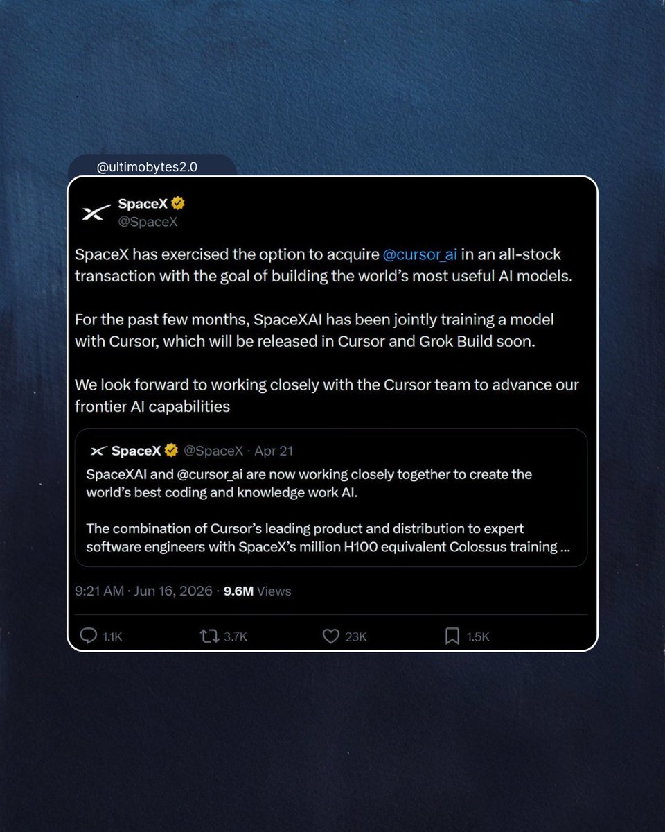 UltimoBytes's tweet photo. 🚀🤖 Elon Musk now owns the rockets, the satellites, the AI lab, and the tool millions of developers use to write code.

SpaceX announced it will acquire Anysphere, the company behind the coding tool Cursor, in an all-stock deal valuing the startup at $60 billion https://t.co/xdRmnFe6re