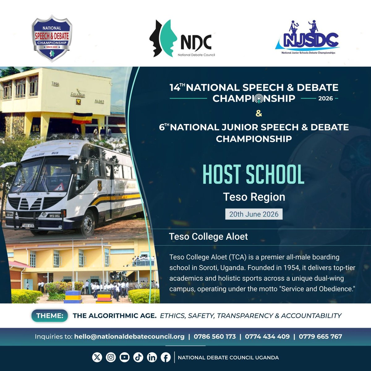 NDCUganda's tweet photo. 📍 Teso, your draw is set!

The road to the National Championship continues as Teso College Aloet hosts the Teso Regional Qualifiers of the #14thNSDC and #6thNJSDC.

Motions. Matter. Method.

See you on 20th June as teams will take the floor and make their cases.

#DebateUG | @GastaKakaire