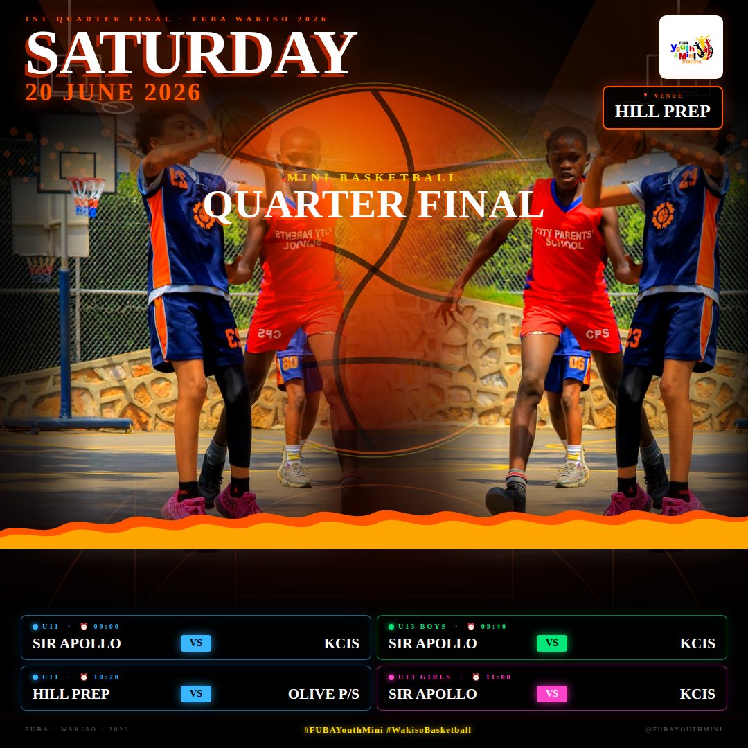 FubaYouthMini's tweet photo. 🏀 THE QUARTER FINALS ARE HERE!
Wakiso's best young ballers go head-to-head this weekend — two days, two venues, zero chill.
📍 See Posters for details 👇
U11 Mixed · U13 Girls · U13 Boys
Kick-off from 09:00 both days 🔥
Come through and back your school! 👟🏆 #FUBAYouthMini https://t.co/dEtLb7ArmY