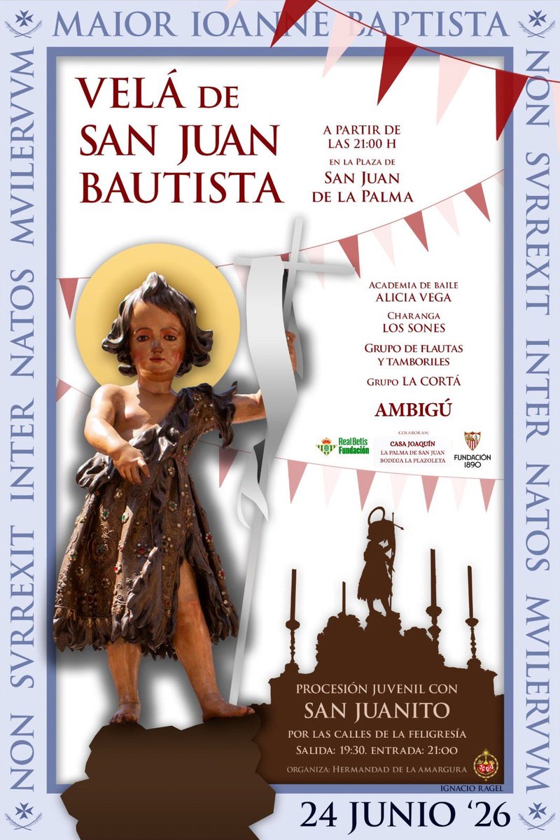 Hdad_Amargura's tweet photo. 𝐅𝐈𝐄𝐒𝐓𝐀 𝐃𝐄 𝐒𝐀𝐍 𝐉𝐔𝐀𝐍 𝐁𝐀𝐔𝐓𝐈𝐒𝐓𝐀

Tras la procesión juvenil del “San Juanito”, a partir de las 21 h., dará inicio un año más la Velá, que contará con un variado programa de actuaciones y sorteos en directo. https://t.co/tOPHnCt4Za