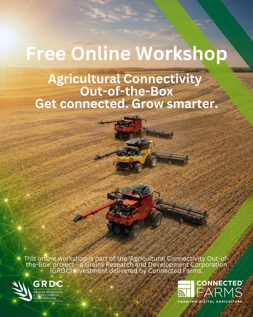 ConnectedFarms's tweet photo. Free Online Workshop: Agricultural Connectivity Out-of-the-Box
Get connected. Grow smarter.

Too many farms are still operating in digital darkness — and connectivity remains one of the biggest barriers to digital agriculture, telematics, automation and modern machinery systems.

Join Connected Farms for a free GRDC-funded online workshop designed for grain growers, agronomists and farm decision-makers across all GRDC regions.

📅 30 June
⏰ 12:00–1:50pm
💻 Online webinar
🎓 2 expert-led sessions
✅ Free to attend

Learn how to understand, assess and choose the right connectivity solutions for digital farming, telematics and automation.
Register Here: https://t.co/hMfRht9U1V

______
#GRDC #ConnectedFarms #AgTech #AustralianAgriculture #DigitalFarming #Connectivity #GrainGrowers #GrainAdopt @theGRDC