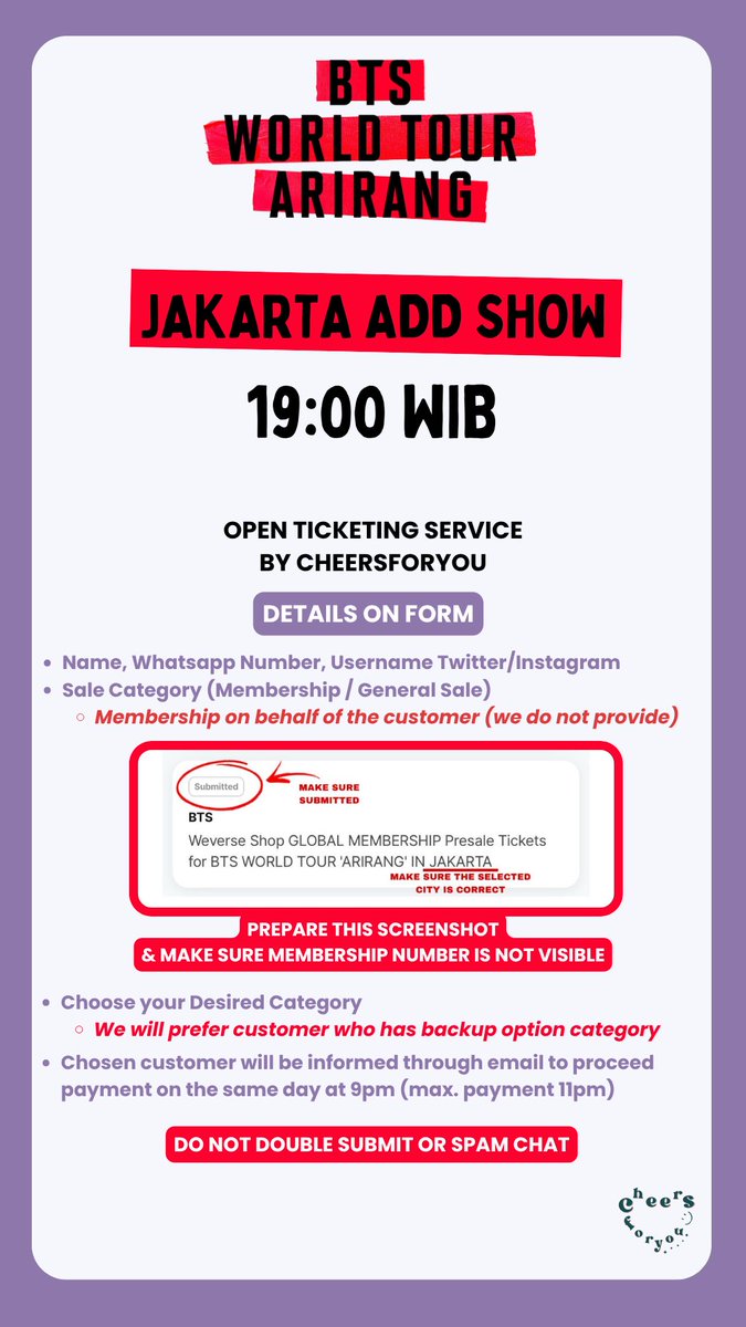 chimchimchingu's tweet photo. TNC FOR BOOKSLOT ADDSHOW ARIRANG JAKARTA ‼️

Link akan diupload melalui instagram kami @.cheersf0ryou hari ini, pukul 19.00 WIB. https://t.co/W6nkUNWKK1