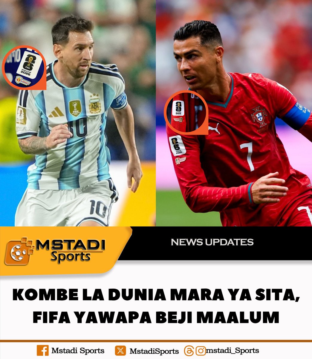 MstadiSports's tweet photo. Wachezaji nyota Lionel Messi na Cristiano Ronaldo wameonekana wakivaa beji maalum ya "Legacy" kwenye jezi zao wakati wa Kombe la Dunia 2026.

Beji hiyo imeanzishwa kwa mara ya kwanza na FIFA kutambua wachezaji waliocheza Kombe la Dunia mara tano au zaidi. https://t.co/tu7pYcAbTj
