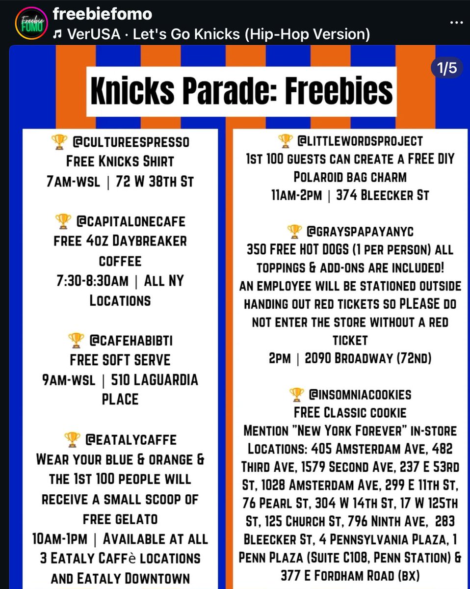 AMB0915's tweet photo. Oh also we have a million freebies and deals for Knicks Parade Day so if you want to hunt for those all day? Do so as long as you’re having fun celebrating. 

Happy #Knicks Day. https://t.co/8OaoI8ywBj