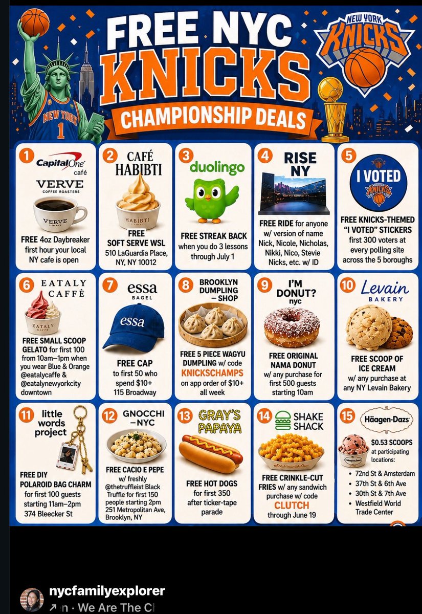 AMB0915's tweet photo. Oh also we have a million freebies and deals for Knicks Parade Day so if you want to hunt for those all day? Do so as long as you’re having fun celebrating. 

Happy #Knicks Day. https://t.co/8OaoI8ywBj