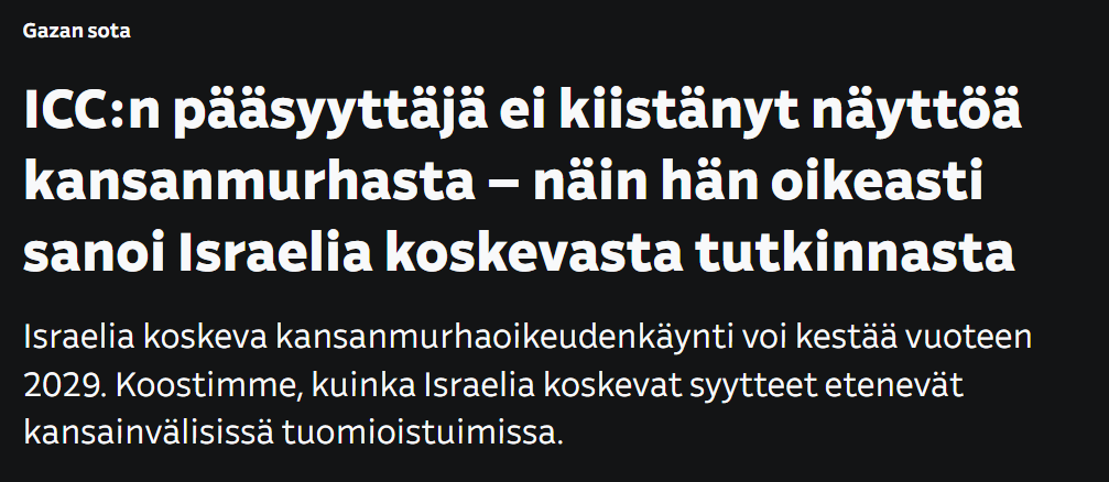 hiilinen's tweet photo. Todella tärkeä korjaus aikaisempaan väärään uutisointiin israeliin liittyen.

"Oikeuskäsittelyn hitaudesta huolimatta Etelä-Afrikan kanne kansanmurhasta on Koskenniemen mukaan vankalla pohjalla.

– Todistusaineisto Israelin syyllisyyden puolesta on tavattoman raskauttavaa." https://t.co/QPuJaIsBXB