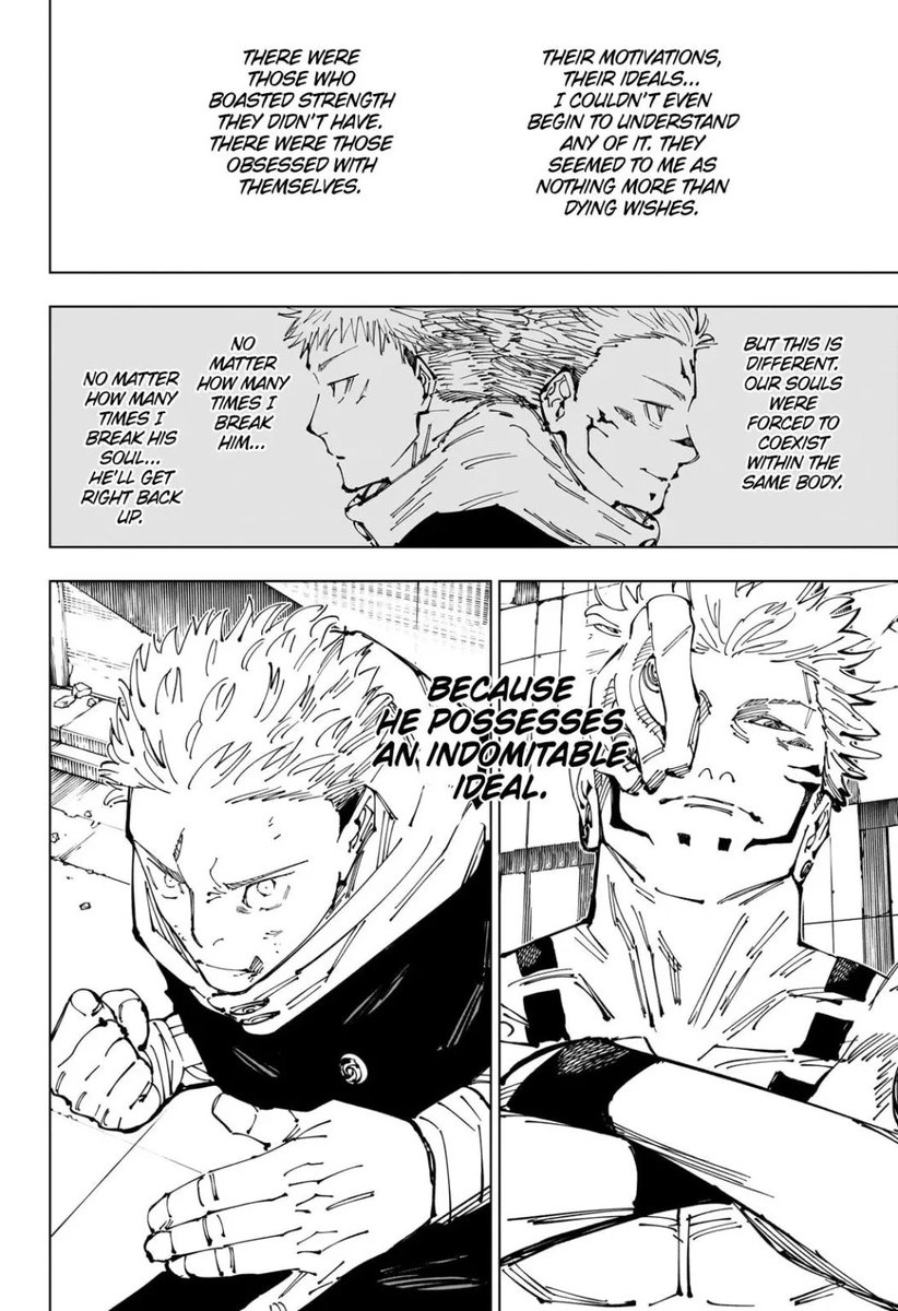 cheshira_go's tweet photo. if u think about this Sukuna has always been guided by the concept of natural selection where the strong devour the weak
he acknowledges Megs usefulness but tells him to submit bc Megs is still weak for him. and that's why Sukuna is so annoyed by Yuuji. Yuuji is built differently https://t.co/64u25HFjnr
