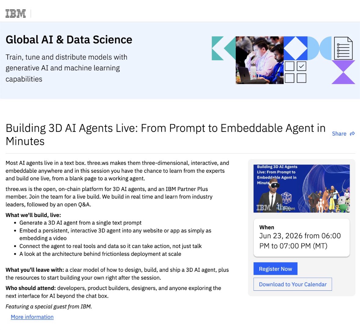 HumanBeing1099's tweet photo. Just a reminder to everyone. On Tuesday June 23rd, 2026 @trythreews will go live on @IBMcloud

They will build 3D Ai agents live and have a special guest from IBM live on with them.

This will be a big day for holders of $three and I’m super excited for it! https://t.co/QqRjaV31Jb