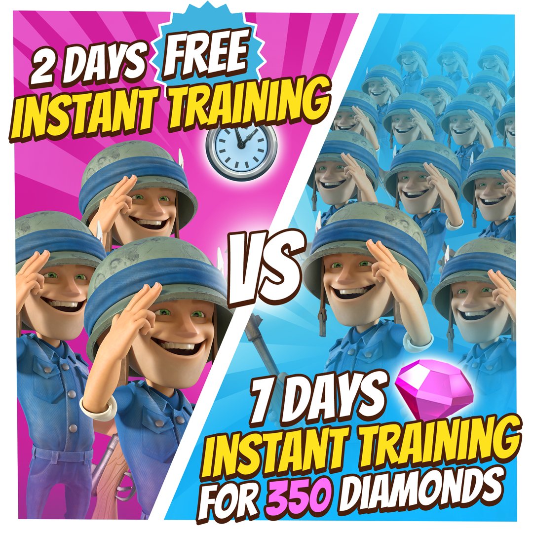 BoomBeach's tweet photo. The results are in! 📊

7 Days of Instant Training for 350 Diamonds won the Community Poll and will be available in the shop from June 22 to June 28!

But that’s not all...👀

We heard our Commanders who are asking for free Instant Training during the Life Leech Mega Crab. So, as part of the HQ 29 celebrations, you can also claim 2 Days of Instant Training for FREE in the shop during the Mega Crab this weekend! 🦀🎉

Good luck, Commander!