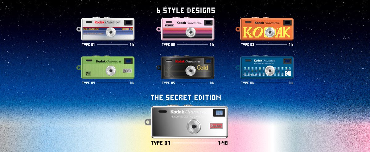 stufflistings's tweet photo. After the massive success of the Kodak Charmera, they've come up with the Kodak Charmera Millennium.

Seven new designs (6 standard plus 1 secret edition) representing the post-Y2K era aesthetics. https://t.co/h9rIFlPgVC