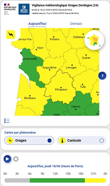 RCN_Dordogne's tweet photo. ⚠️ [VIGILANCE METEO]

🕕 Suivi #VigilanceJAUNE - 18/06/2026, 06h00

🌡 #CANICULE 
🟡 17/06/2026, 12h. 
📆 Jour 2

⚡️ #ORAGES 
🟡 18/06/2026, 19h,
🟢 19/06/2026, 00h.

🕛 Validité : jusqu'au 19/06/2026, 00h00
🔗 https://t.co/0wKgpZCKwx 

Source : @meteofrance  / @KeraunosObs https://t.co/cIVj70lUUg