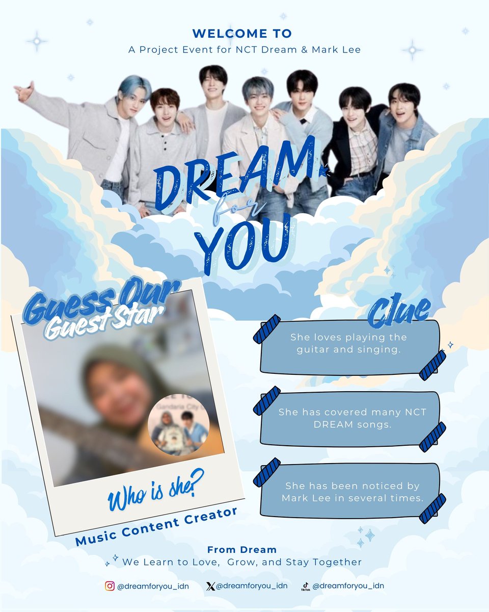 dreamforyou_idn's tweet photo. GUESS WHO? 

Our next guest star is a music content creator loved by many NCTzens. She has covered countless NCT DREAM songs, and her talent has even caught Mark Lee's attention🤩

Any guesses who she is? 
Drop your answer in the comments! 
#DreamForYou #nctdram #marklee https://t.co/KJFH0BdnyB