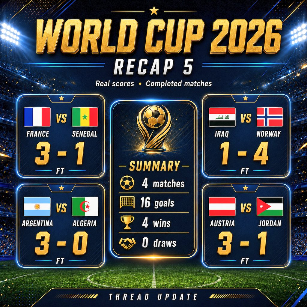 CtrlAltReel's tweet photo. Recap 5 delivered statements.
France were sharp, Norway ruthless, Messi ran the show, and Austria finished strong.
Big names, big wins. 💥
#WorldCup2026 https://t.co/zEd4AdKB3R