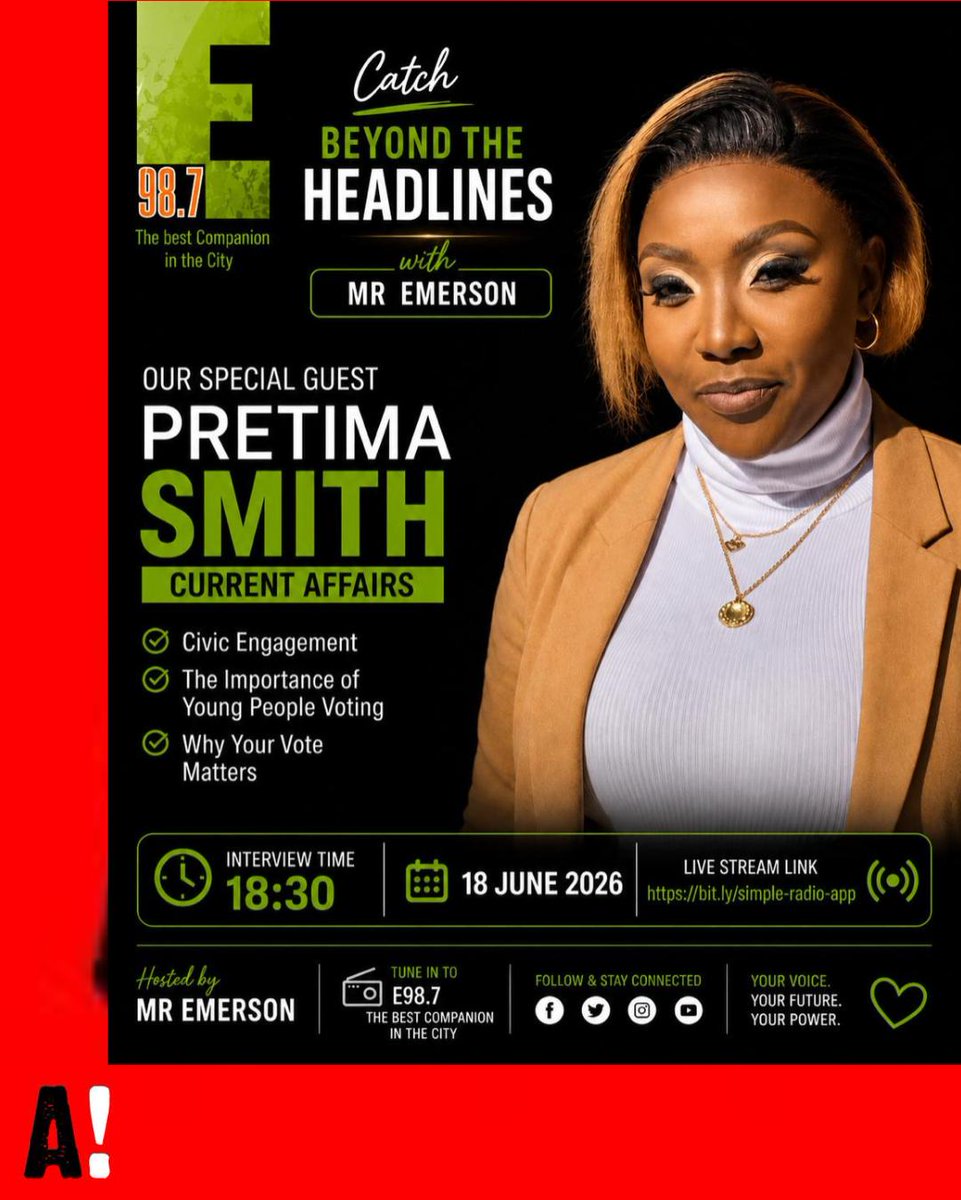 ActivateZA's tweet photo. Sho bafethu, its talk about it Thursday, so asixoxeni! 

Tune in to E98.7 FM this evening at 18:30 as Civic Champion Pretima Smith joins radio host Mr Emerson on Beyond the Headlines.

Pretima will unpack the #MyCommunityMyVoteMyVoice national campaign, share her journey as a civic education champion, and discuss the upcoming civic education film screening she is hosting in partnership with Sunshine Cinema tomorrow at 10:00 in Rockdale, Middelburg.

See you then!
#MyCommunityMyVoteMyVoice #DoYouSeeUs #YouthLeadership #CivicEducation #ActivateChangeDrivers