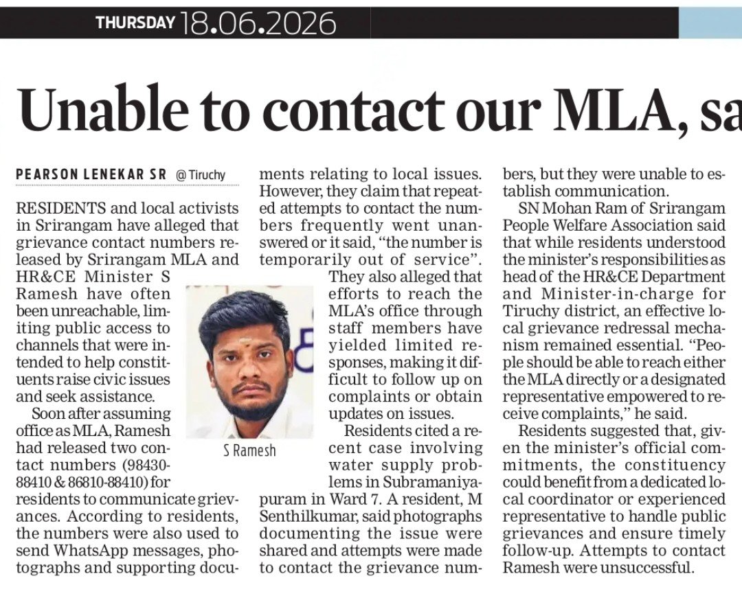 pearsonlenekar's tweet photo. "Temporarily out of service" is the response many Srirangam residents say they receive when trying to contact the grievance numbers released by #TVK MLA and HR&CE Minister S. Ramesh office. Residents allege repeated calls go unanswered, making it difficult to raise civic issues, submit complaints and seek updates on pending grievances. They have urged the appointment of a dedicated- efficient local representative to handle public complaints.@RameshOffcl