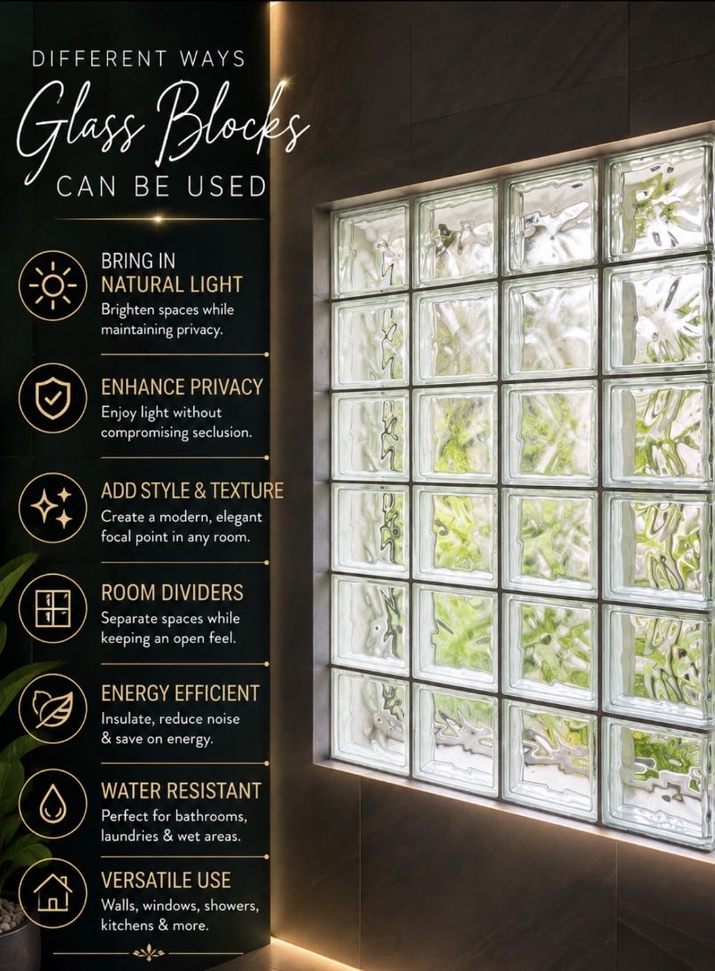 GlassBlockCo's tweet photo. Glass blocks are the perfect blend of privacy, natural light, and timeless style. ✨ From feature walls to statement windows, the possibilities are endless.

#GlassBlocks #HomeDesign #InteriorInspiration #BathroomDesign #NaturalLight #ModernHomes https://t.co/i2BJ1uGkCD