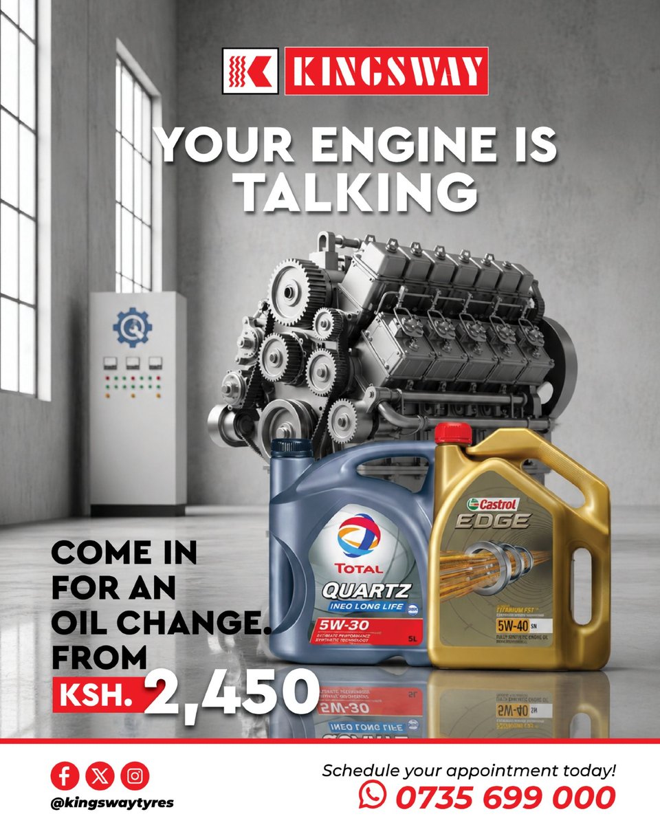 kingswaytyreske's tweet photo. Engine smoke can be caused by worn parts, oil leaks, overheating or poor combustion. Don’t wait for bigger damage. Get a FREE vehicle inspection check for your engine health.
Visit your nearest Kingsway branch or call 0735 699 000.
#KingswayTyres #OilService #EngineCheck https://t.co/LyFqzTZmOT
