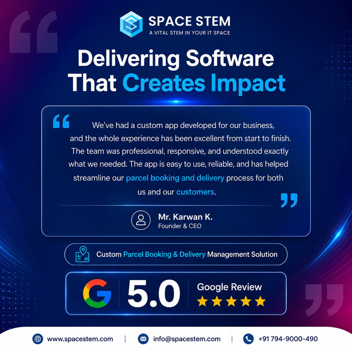 spacestem's tweet photo. Delivering Software That Creates Impact
Proud to receive a 5-star Review for the Custom Parcel Booking & Delivery Management Solution developed by Team Space Stem.
#ClientFeedback #CustomSoftware #LogisticsSoftware #BusinessAutomation #TechSolutions https://t.co/w9cSv61MZw