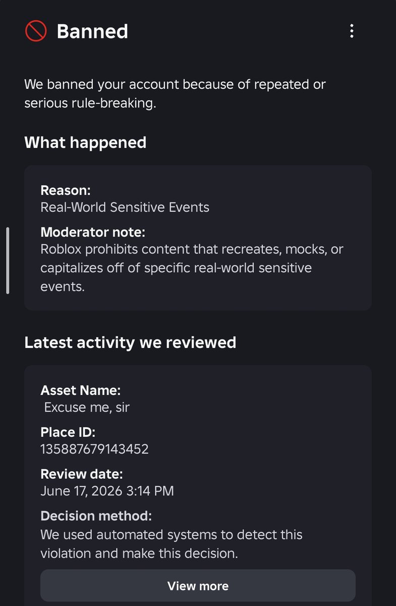 Blequ145's tweet photo. Hello.
Recently my almost 9 years old account got banned and game for "real-world sensitive issues" while there is nothing like that in the game, me and my devs are speculating a spam reports attack on it beacuse only the people that published the game got banned @Roblox https://t.co/roDT9Pe7uz