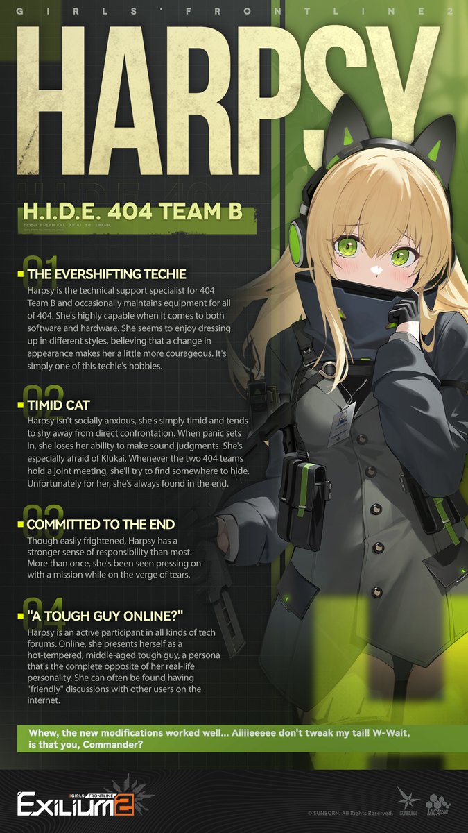 GFL2EXILIUM_EN's tweet photo. #Harpsy, reporting for duty!

〓Vanguard Doll Harpsy, Keywords〓
■ The Evershifting Techie
■ Timid Cat
■ Committed to the End
■ "A Tough Guy Online?"

>> Download on mobile and PC: https://t.co/SiNltiPpgV
#GirlsFrontline2Exilium #gfl2exilium https://t.co/eUVAZxa5iV