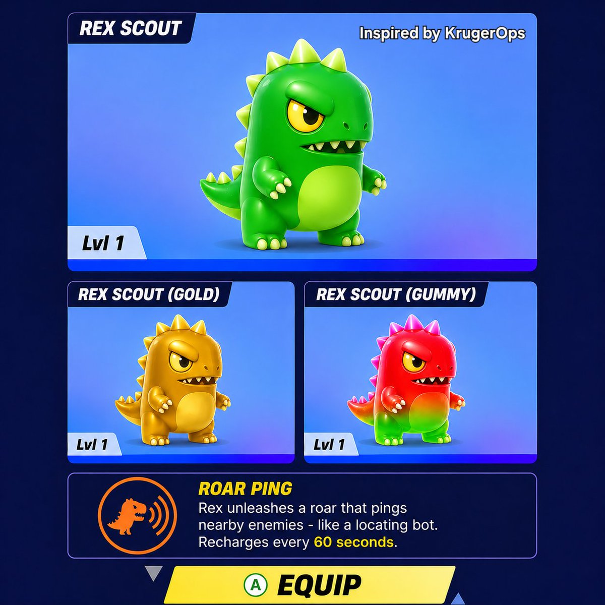 KrugerOps's tweet photo. Design A Sprite Entry – Rex Scout
Concept by @KrugerOps

Meet Rex Scout, a mischievous little T-Rex Sprite with a powerful roar and a nose for trouble.

Ability: Lets out a roar that reveals nearby enemies, similar to a Locating Bot scan. 

#DesignASprite #Fortnite https://t.co/n7FCK2Y7oA