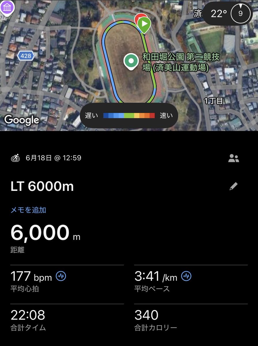 Pon_PowderSki's tweet photo. 朝の雨で予定をスライドしてテレワークの昼休み＋時間休でポイント練。ホームは完全に貸切状態！気温22℃、雨上がりの湿度90%、単独走というシビアな条件ながら平均k341なら上出来でしょう。主観的ACWR 1.07、 Garmin負荷比 1.09。アップ→本練→ダウンの3アクティビティでの合計距離表示もばっちり。 https://t.co/dUrjYMf8XM