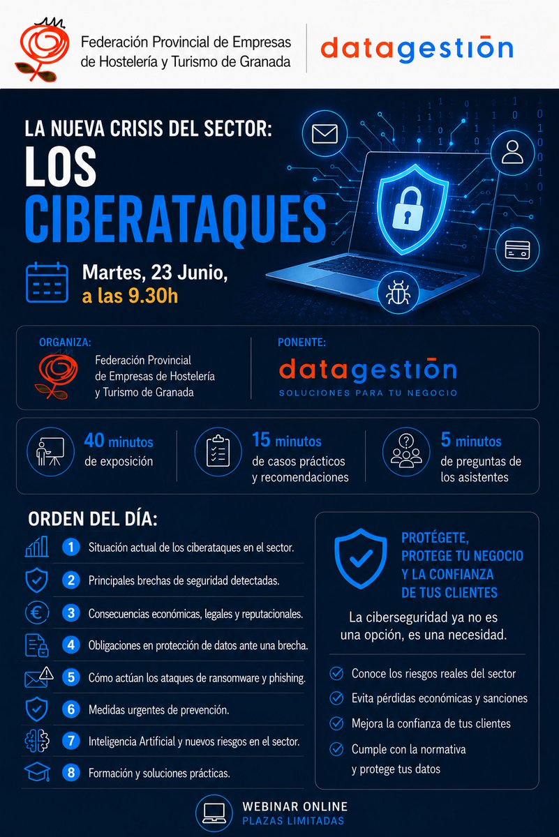 DatagestionLOPD's tweet photo. Los ciberataques ya son una de las principales amenazas para hoteles, restaurantes y empresas turísticas.

📅 23 de junio
🕘 09:30 h

Webinar gratuito: La nueva crisis del sector: los Ciberataques

👉Inscríbete aquí: https://t.co/CKc7JVgZH1

#Ciberseguridad #Hostelería #Turismo https://t.co/mI3SCchQwy