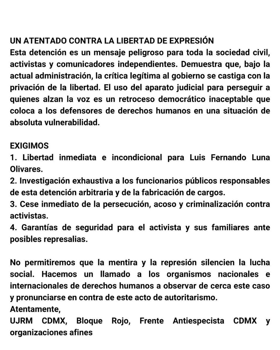 RadioZapote's tweet photo. COMUNICADO DE PRENSA: CONDENAMOS LA DETENCIÓN ARBITRARIA Y CRIMINALIZACIÓN DEL ACTIVISTA LUIS FERNANDO LUNA OLIVARES

Organizaciones civiles, defensores de DDHH y colectivos sociales denunciamos la detención arbitraria e injusta de Luis Fernando Luna Olivares, activista social. https://t.co/LkR1sU3Utr