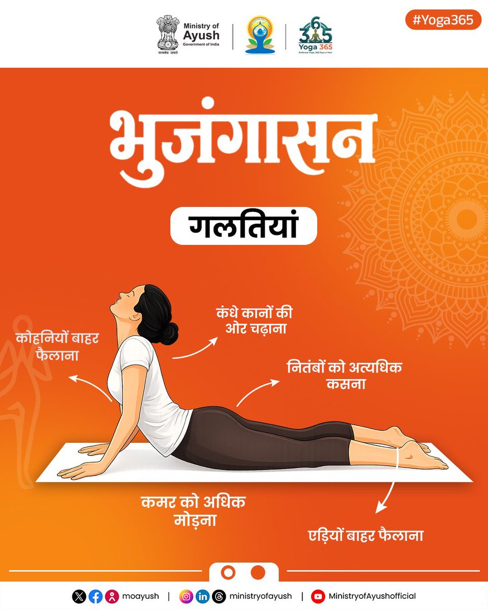bsi_moefcc's tweet photo. 🧘‍♀️ योगयात्रा | भुजंगासन (Cobra Pose) – सही अभ्यास, अधिक लाभ
भुजंगासन एक महत्वपूर्ण योगासन है जो रीढ़ की लचीलापन बढ़ाने, छाती को खोलने तथा शरीर में ऊर्जा का संचार करने में सहायक है। सही तकनीक से किया गया भुजंगासन पीठ, कंधों और उदर क्षेत्र को सुदृढ़ बनाने में मदद करता है।

✅ भुजंगासन करने का सही तरीका
• हथेलियों को वक्ष के बगल में रखें।
• कोहनियों को शरीर के पास रखते हुए ऊपर उठें।
• छाती को आगे और ऊपर की ओर उठाएं।
• कंधों को नीचे और पीछे रखें, कानों से दूर।
• गर्दन को रीढ़ की सीध में रखते हुए दृष्टि सामने रखें।
• श्रोणि, जांघें, घुटने एवं पैरों को भूमि से जुड़े रहने दें।
• पैरों को सीधा रखें तथा पंजे पीछे की ओर फैलाएं।

❌ इन सामान्य गलतियों से बचें
• कोहनियों को बाहर फैलाना।
• कंधों को कानों की ओर चढ़ाना।
• कमर को आवश्यकता से अधिक मोड़ना।
• नितंबों को अत्यधिक कसना।
• एड़ियों को बाहर फैलाना।

🌿 भुजंगासन के प्रमुख लाभ
• रीढ़ की लचीलापन बढ़ाता है।
• पीठ एवं कंधों की मांसपेशियों को मजबूत करता है।
• छाती और फेफड़ों के विस्तार में सहायता करता है।
• शरीर में स्फूर्ति एवं सकारात्मक ऊर्जा का संचार करता है।
• लंबे समय तक बैठकर कार्य करने से होने वाली जकड़न को कम करने में सहायक है।
योग का अभ्यास सही विधि से करें, स्वस्थ एवं संतुलित जीवन की ओर बढ़ें।
#Yoga365 #YogYatra #Bhujangasana #YogaForHealth #InternationalDayOfYoga #HealthyLifestyle #YogaEveryDay #FitIndia #YogaForAll