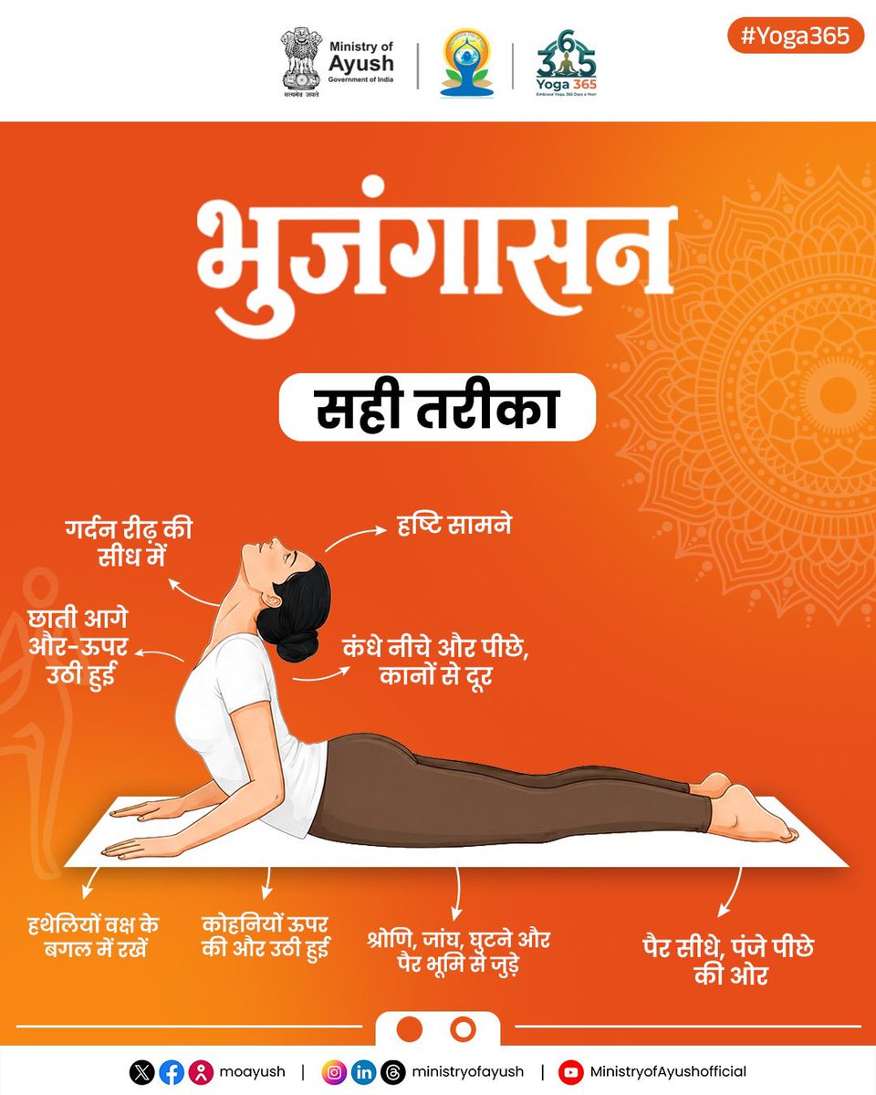 bsi_moefcc's tweet photo. 🧘‍♀️ योगयात्रा | भुजंगासन (Cobra Pose) – सही अभ्यास, अधिक लाभ
भुजंगासन एक महत्वपूर्ण योगासन है जो रीढ़ की लचीलापन बढ़ाने, छाती को खोलने तथा शरीर में ऊर्जा का संचार करने में सहायक है। सही तकनीक से किया गया भुजंगासन पीठ, कंधों और उदर क्षेत्र को सुदृढ़ बनाने में मदद करता है।

✅ भुजंगासन करने का सही तरीका
• हथेलियों को वक्ष के बगल में रखें।
• कोहनियों को शरीर के पास रखते हुए ऊपर उठें।
• छाती को आगे और ऊपर की ओर उठाएं।
• कंधों को नीचे और पीछे रखें, कानों से दूर।
• गर्दन को रीढ़ की सीध में रखते हुए दृष्टि सामने रखें।
• श्रोणि, जांघें, घुटने एवं पैरों को भूमि से जुड़े रहने दें।
• पैरों को सीधा रखें तथा पंजे पीछे की ओर फैलाएं।

❌ इन सामान्य गलतियों से बचें
• कोहनियों को बाहर फैलाना।
• कंधों को कानों की ओर चढ़ाना।
• कमर को आवश्यकता से अधिक मोड़ना।
• नितंबों को अत्यधिक कसना।
• एड़ियों को बाहर फैलाना।

🌿 भुजंगासन के प्रमुख लाभ
• रीढ़ की लचीलापन बढ़ाता है।
• पीठ एवं कंधों की मांसपेशियों को मजबूत करता है।
• छाती और फेफड़ों के विस्तार में सहायता करता है।
• शरीर में स्फूर्ति एवं सकारात्मक ऊर्जा का संचार करता है।
• लंबे समय तक बैठकर कार्य करने से होने वाली जकड़न को कम करने में सहायक है।
योग का अभ्यास सही विधि से करें, स्वस्थ एवं संतुलित जीवन की ओर बढ़ें।
#Yoga365 #YogYatra #Bhujangasana #YogaForHealth #InternationalDayOfYoga #HealthyLifestyle #YogaEveryDay #FitIndia #YogaForAll