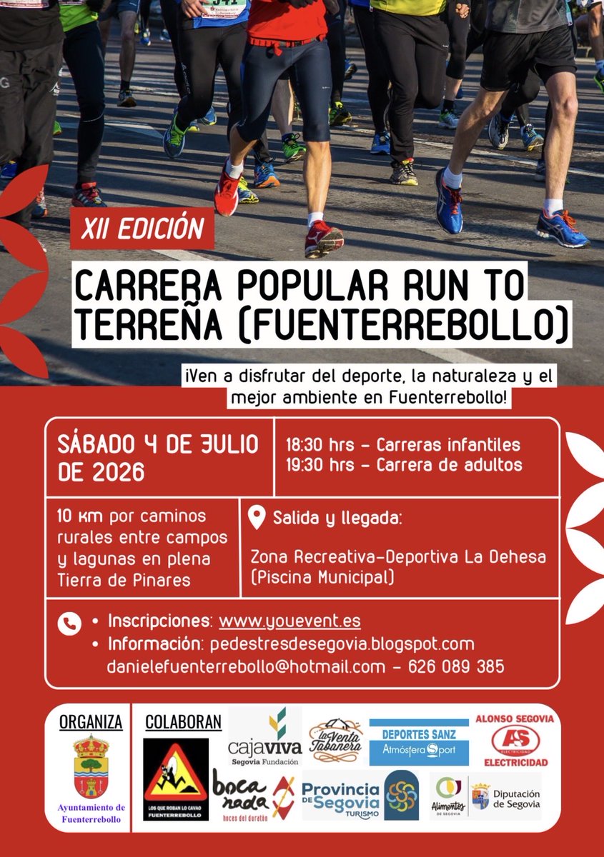 querobanlocavao's tweet photo. 🏃‍♂️🌲 ¡Ya está aquí la XII Carrera Popular Run To Terreña!

Te esperamos el 4 de julio en Fuenterrebollo para disfrutar del deporte, la naturaleza y un ambiente inmejorable. ¿Te animas? 💪✨
#RunToTerreña #Fuenterrebollo #CarreraPopular #TierraDePinares https://t.co/57Ke30jAmq