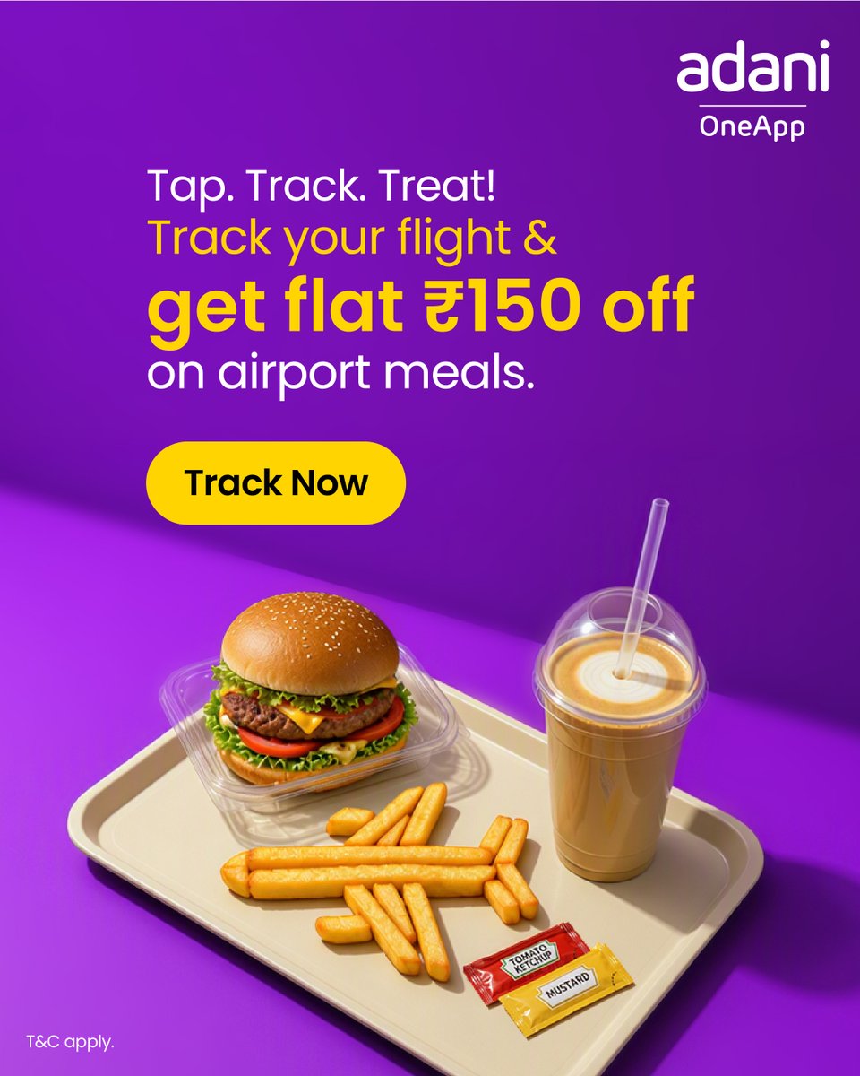 Adani_One's tweet photo. Get real-time alerts for your flight, and a ₹150 meal voucher, all in ONE place! Track your flight on Adani OneApp to stay ahead of schedule and unlock an exclusive F&B treat to enjoy before you board.
#AdaniOneApp #TravelSmart #TrackFlight #FlightStatus #AirportHacks https://t.co/skvGqlaFVD