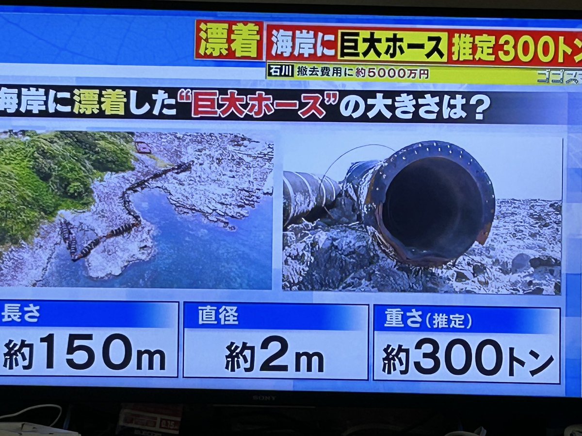 ricky_9952's tweet photo. 漂着ゴミ　巨大ホース　推定300トン
撤去費用約5000万円
中国製？所有不明
環境省は海洋観測衛星などのデータを使ってどこからのものか調べるべき、漁業支援のための衛星が日本にはあるんだから、動くべきだ　石川県の話だけで済ませてはならないでしょ、立派な衛星打ち上げてるんだから。TBSゴゴスマ https://t.co/u5957Fjkas